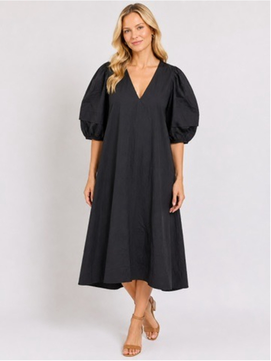 Olivia James Dresses & Skirts - OLIVIA JAMES The Label Georgia Black Cotton Poplin V-Neck Puff Sleeve Midi Dress